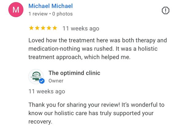 Optimind Clinic patient testimonial appreciating personalized therapy and doctor’s empathy