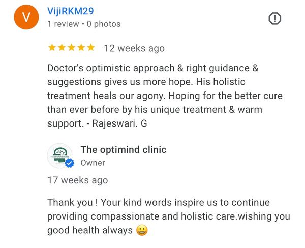 Positive mental health review praising Dr. Sathish Kumar’s optimistic approach, holistic psychiatric