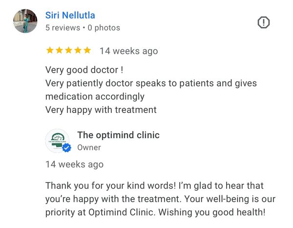 Feedback about positive experience and compassionate approach at Chennai mental health clinic