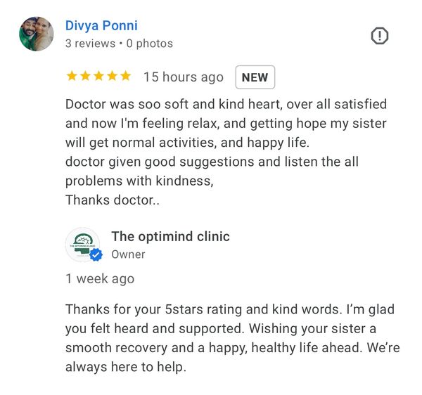 Patient review praising Dr. Sathish Kumar for excellent psychiatric care and counseling in Chennai