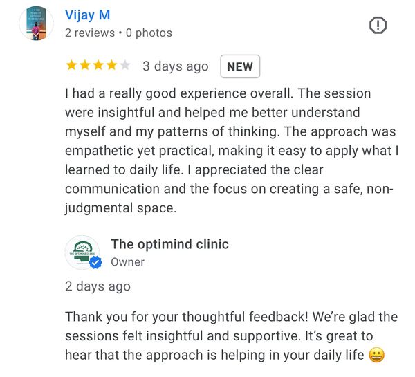 Positive review for Optimind Clinic highlighting accurate diagnosis and effective treatment for ment