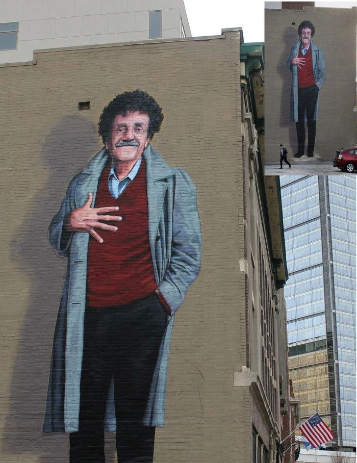 Kurt Vonnegut Mural, 38 ft. tall, by Pamela Bliss in Indianapolis, IN