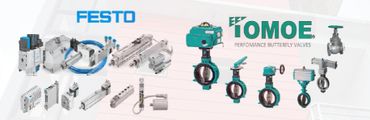 Industrial automation components and butterfly valves from Festo and Tomoe.