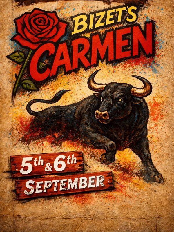 Vintage-style poster for Bizet's Carmen with a charging bull and rose.
