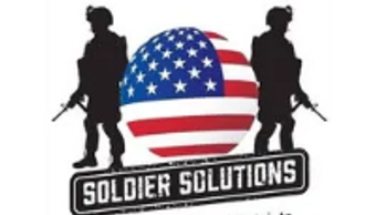 Silhouettes of soldiers with a patriotic American flag globe and a slogan for Soldier Solutions apparel.