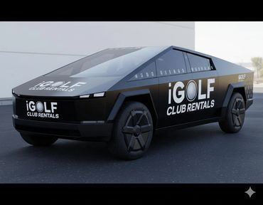 Black futuristic car with iGOLF Club Rentals branding on the side and hood.