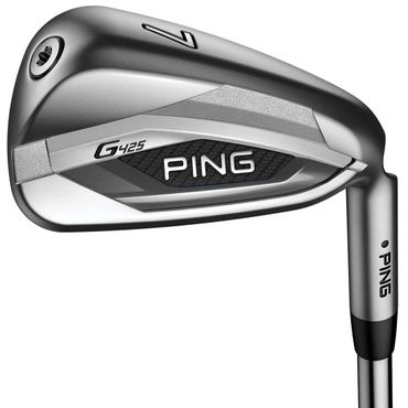 Close-up of a Ping G425 7-iron golf club with sleek silver design.