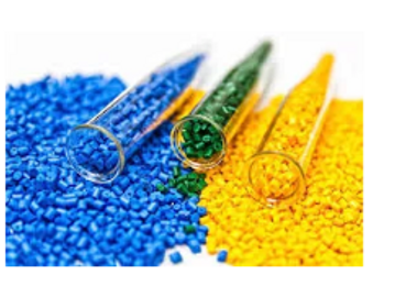 Blue, green, and yellow plastic pellets with glass tubes.