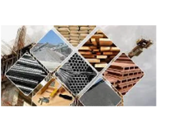 Diamond-shaped collage of various construction materials and sites.