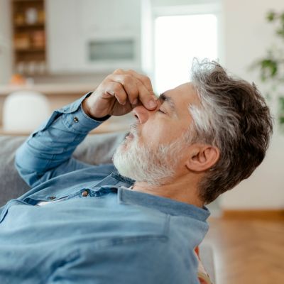 Older man rubbing his nose, showing signs of discomfort.