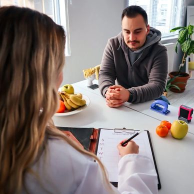 Patient consulting with healthcare professional.