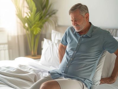 Man sitting on bed, holding his back in pain.