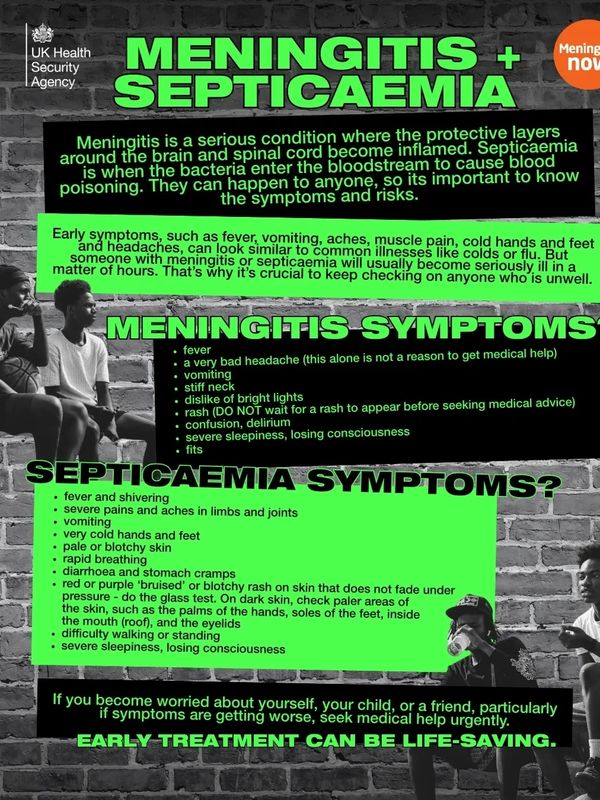 Informative poster on meningitis and septicaemia symptoms and importance of early treatment.