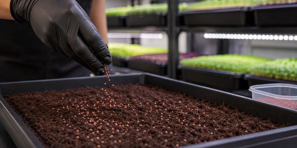 Hand planting seeds in soil tray.