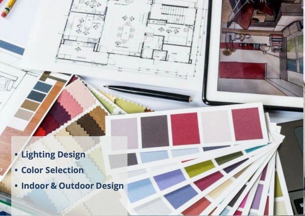 Interior design tools including color swatches, floor plans, and design sketches.