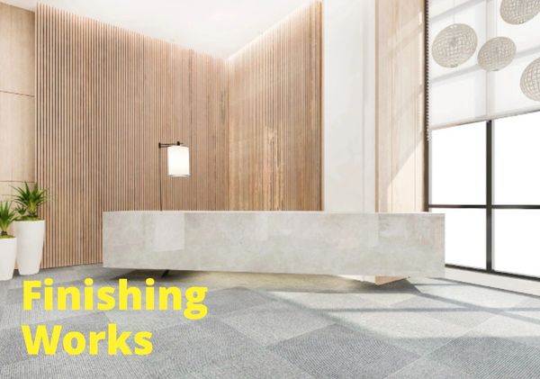 Modern office lobby with wooden paneling and marble reception desk.