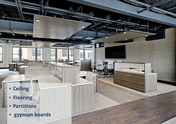Modern office space with wooden partitions, open ceiling, and carpet flooring.