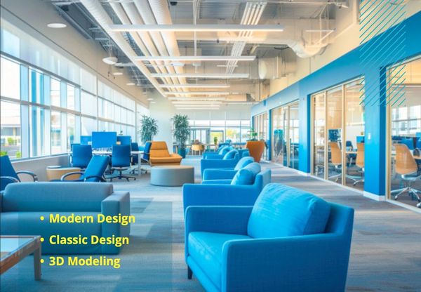 Bright modern office with blue and orange seating and glass-walled meeting rooms.