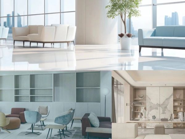 Modern and sleek seating areas in spacious, well-lit rooms with large windows and city views.