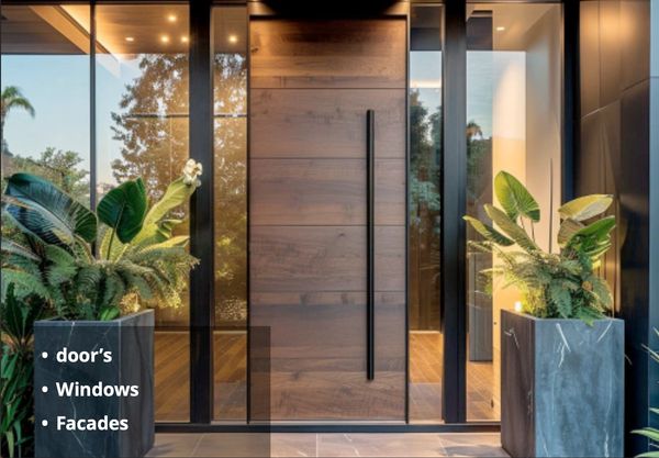 Modern entrance with wooden door, large windows, and decorative plant facades.