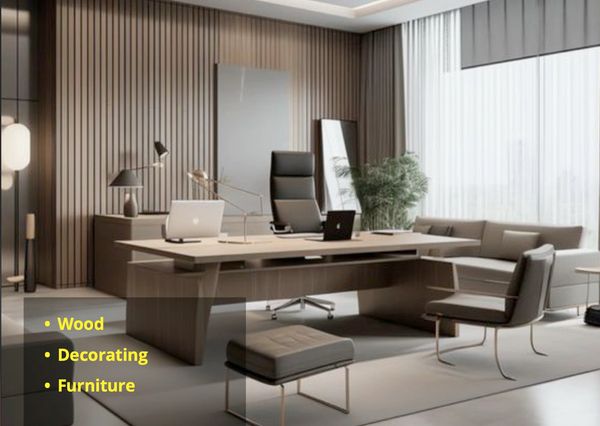 Modern office with wood decor, sleek furniture, and natural light.