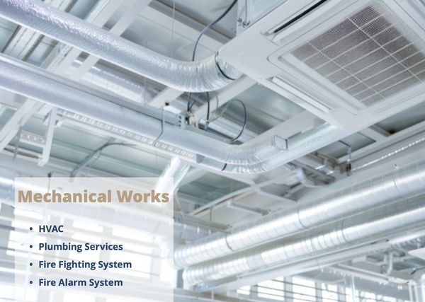 Ceiling mechanical systems including HVAC and fire safety installations.