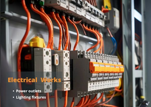 Close-up of an electrical panel with orange wires and circuit breakers.