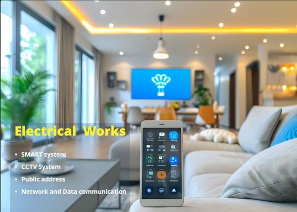 Smart home electrical works include CCTV, public address, and data communication systems.