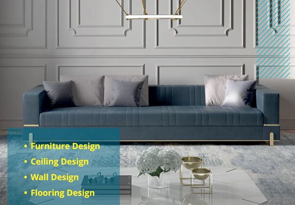 Elegant modern living room with blue sofa and paneled walls.
