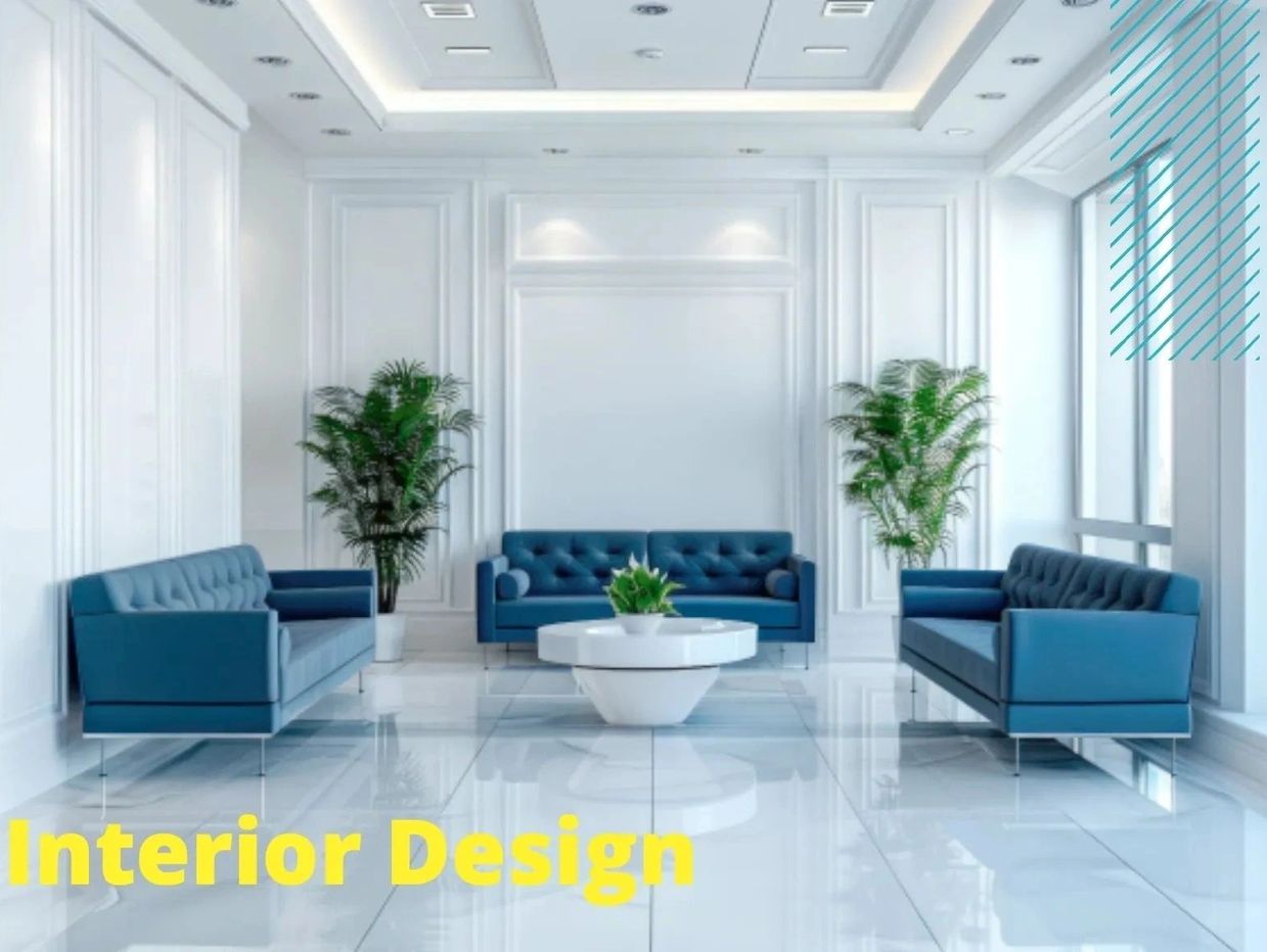 Modern interior with blue sofas and white decor.