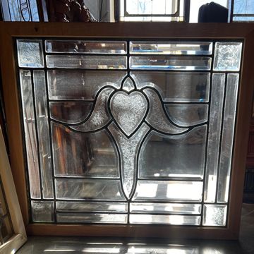 Leaded and beveled glass window with glue chip details. 2 available