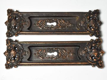Pair 1900s Brunswick style pocket door pulls by Simmons Hardware Old copper sand blast finish S10