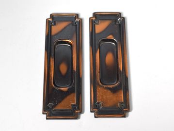 Pair antique sliding door pull with copper flash Japanned finish and geometric design S22