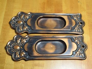 Pair antique 1920s sliding door pull with copper flash Japanned finish S4