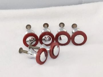 Set of 6 Art Deco chrome and red Bakelite round drawer or cabinet pulls circa 1930s R127