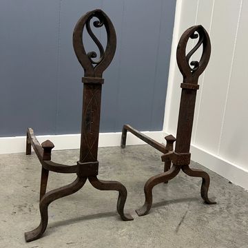 Pair Spanish or Tudor Revival style 1920s iron andirons firedogs 