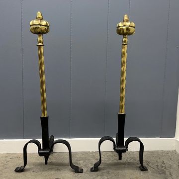 Pair brass and iron 1920s antique fireplace andirons