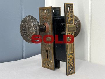 Late 1800s Mallory Wheeler "Arabic" patterned door hardware set with watered background T82