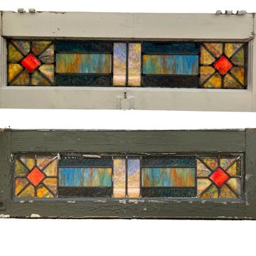 Antique stained glass transom window from 1920s home. Multiple slag glass colors