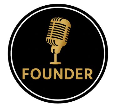 Gold vintage microphone icon with the word 'FOUNDER' on a black circular background.