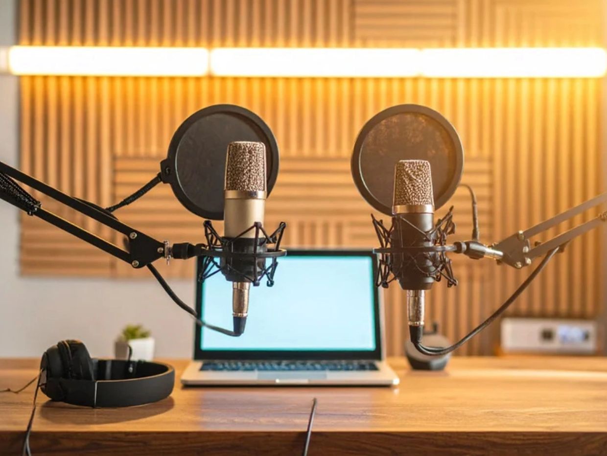 Two microphones set up in a modern recording studio with a laptop and headphones.