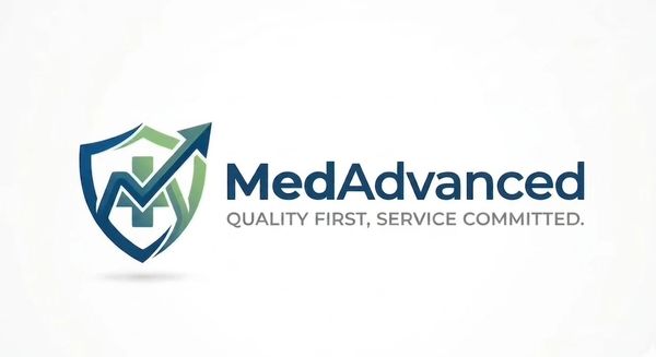 MedAdvanced logo with shield and checkmark symbolizing quality and trust.