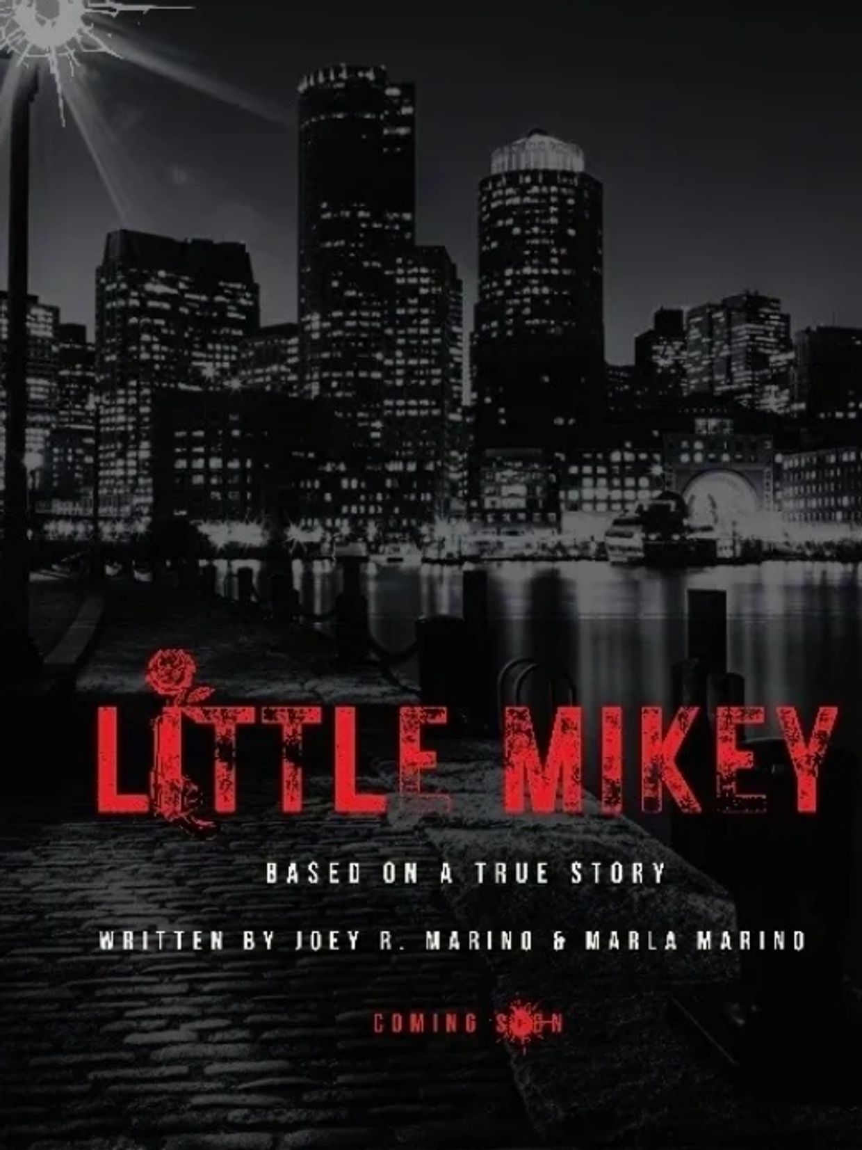 Cinematic poster of Little Mikey film against a city skyline.