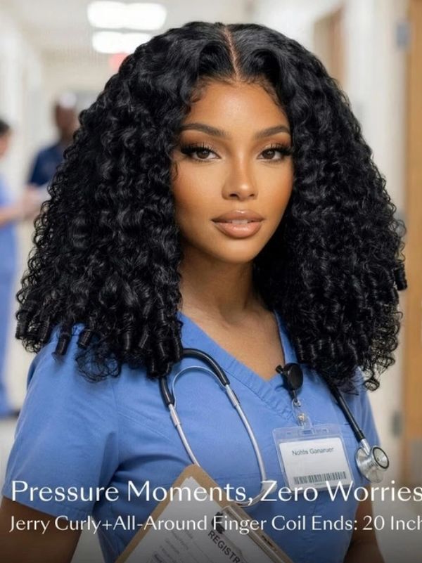 Confident woman in blue scrubs with curly hair and stethoscope.