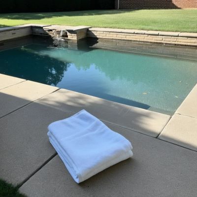 Clear teal pool water beside a folded white towel on the stone deck of a Prosper TX backyard pool