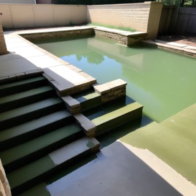 Algae staining on the pool steps and wall of a Prosper TX backyard pool where the problem is localiz