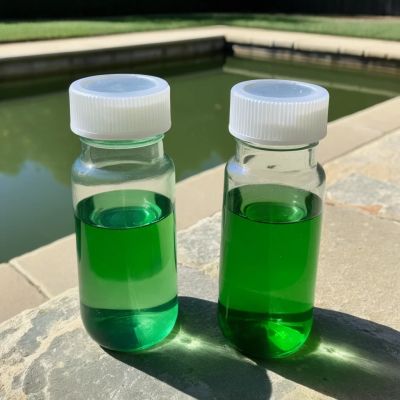 Two sample vials of green pool water on the stone coping ready for testing at a Prosper TX pool