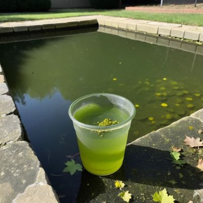 Clear cup of cloudy green pool water with oak leaves and pollen on the stone coping of a Prosper TX