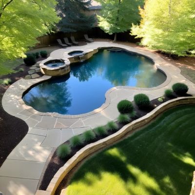 Large freeform backyard pool and spa surrounded by oak trees and stone decking in Prosper TX