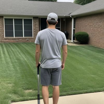 Homeowner seen from behind in a cap and gray shirt holding a pool pole in a Prosper TX backyard
